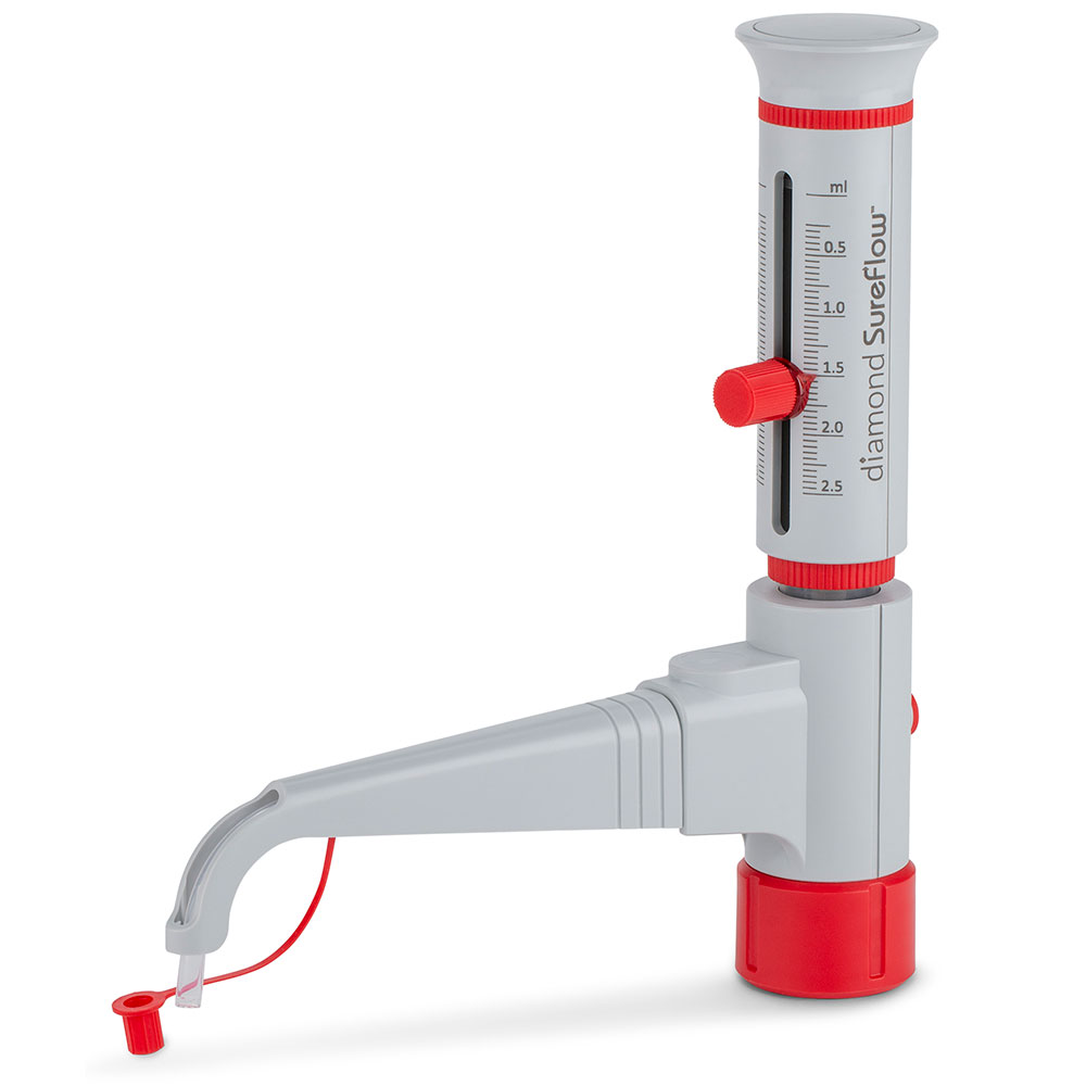 Globe Scientific Bottle Top Dispenser, Diamond SureFlow, Standard, 0.25mL to 2.5mL, 0.05mL increments Image